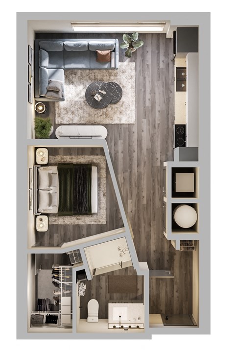 Floor plan for 1 bed, 1 bath, 573 sqft